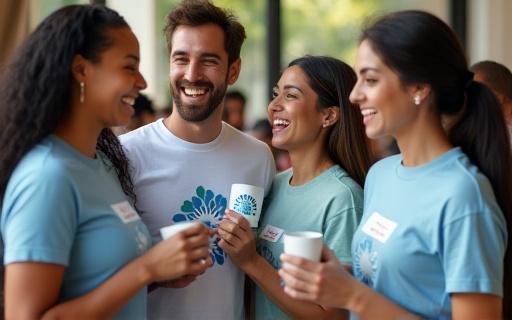 브랜드 로고가 새겨진 상품과 소통하는 사람들